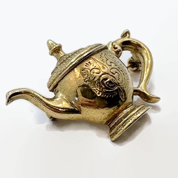 Teapot Brooch, 1928, Gold Tone, Vintage, Etched, Pin - Picture 3 of 4